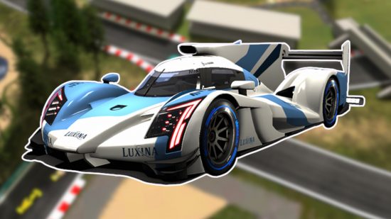 Motorsport Manager 4 release date: A car from the game outlined in white and pasted on a blurred image of a track