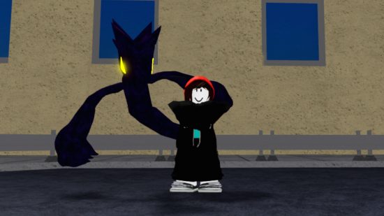 My Hero Mania codes - a screenshot of a Roblox player character folding his arms as a shadow creature floats behind him
