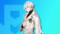 Mystic Messenger Zen: Zen, a pretty anime boy with long white hair in a ponytail, wearing a white jacket over a black turtleneck, outlined in white and pasted on a blue PT background with a slight black drop shadow behind him