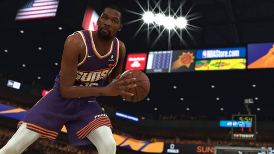 NBA 2K24 error code: a basketball player holds up a basketball while aiming to pass