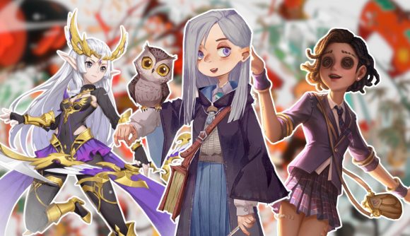 NetEase Games Tokyo Game Show: The hunter from Never After, Ivy from Harry Potter Magic Awakened, and the Dancer from Identity V all outlined in white and pasted on a blurred version of the Tokyo Game Show 2023 key art