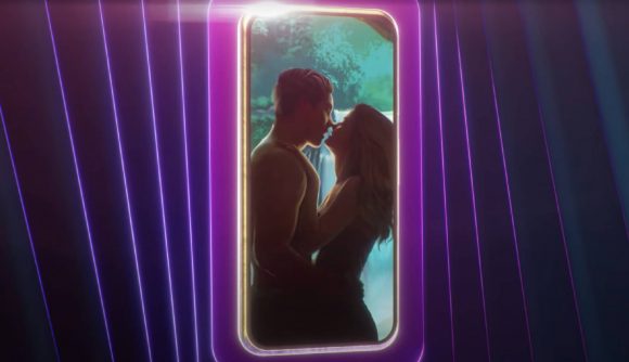 Netflix stories: Love is Blind: the Love is Blind promo key art appears on a mobile phone, featuring the silhouette of two people kissing