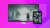 Nier Automata wallpaper: Graphics of a desktop and a tablet showing two different Nier wallpapers, once featuring 9S sat in the forest and the other showing 2B on a misty, ddark wasteland. This is all on a purple PT background