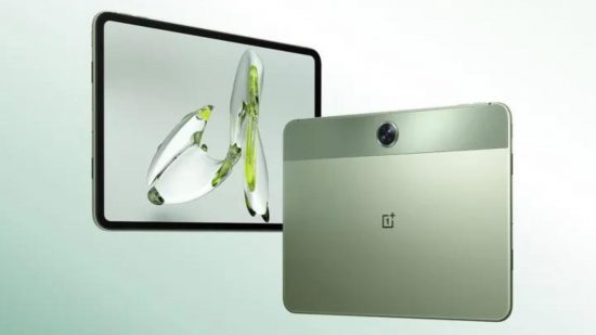 OnePlus Pad Go header showing two tablets in green on a green background.