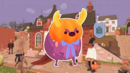 Ooblets Halloween update: An angry loking pumpkin Ooblet outlined in white and pasted on a blurred screenshot of the game with a building done up in Halloween garb