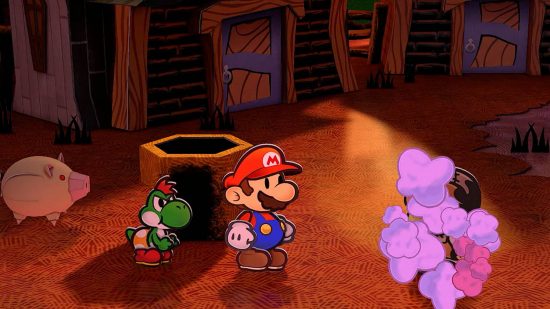 Paper Mario: The Thousand Year Door release date: A paper version of Mario and a small Yoshi walk through a villag