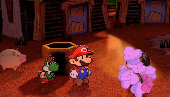 Paper Mario: The Thousand Year Door release date: A paper version of Mario and a small Yoshi walk through a villag