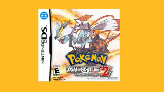 Pokemon games in order: Box art of Pokemon White 2 featuring White Kyurem pasted on a mango background