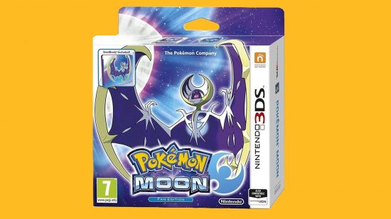 Pokemon games in order: Box art of the fan edition of Pokemon Moon featuring Lunala pasted on a mango background