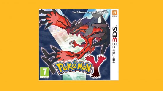 Pokemon games in order: Box art of Pokemon Y featuring Yveltal pasted on a mango background