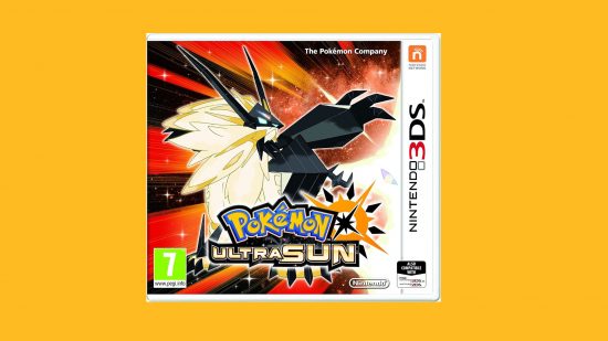 Pokemon games in order: Box art of Pokemon Ultra Sun featuring Necrozma Solgaleo pasted on a mango background