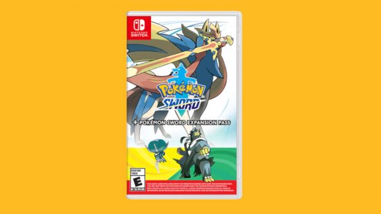 Pokemon games in order: Box art of Pokemon Sword + Expansion Pass featuring Zacian, Calyrex, and Urshifu, pasted on a mango background