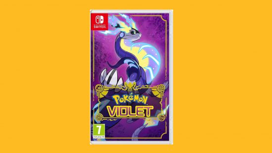 Pokemon games in order: Box art of Pokemon Violet featuring Miraidon pasted on a mango background