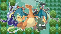 Pokémon games in order - a Miraidon, Pikachu, Charizard, Trubbish, and Rayquaza appear against a blurred pixelated forest