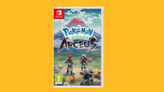 Pokemon games in order: Box art for Pokemon Legends Arceus featuring the two protagonists and an array of Pokemon in front of Mount Coronet, pasted on a mango background