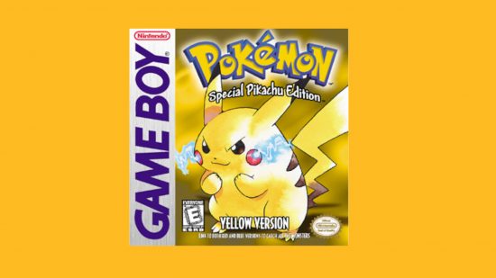 Pokemon games in order: Pokemon Yellow box art featuring Pikachu pasted on a mango background