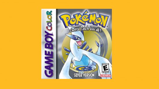 Pokemon games in order: Box art for Pokemon Silver featuring Lugia pasted on a mango background
