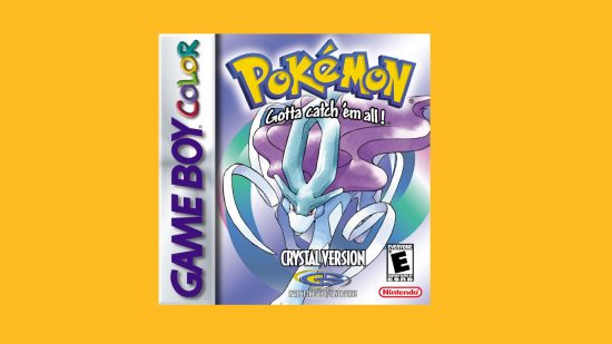 Pokemon games in order: Box art for Pokemon Crystal featuring Suicune pasted on a mango background