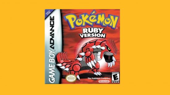 Pokemon games in order: Box art for Pokemon Ruby featuring Groudon pasted on a mango background