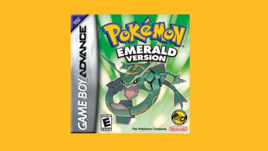 Pokemon games in order: Box art for Pokemon Emerald featuring Rayquaza pasted on a mango background