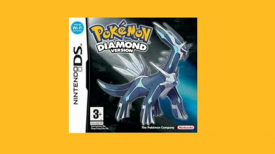 Pokemon games in order: Box art for Pokemon Diamond featuring Dialga pasted on a mango background