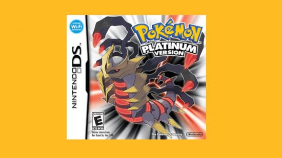 Pokemon games in order: Box art for Pokemon Platinum featuring Giratina pasted on a mango background