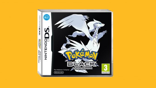 Pokemon games in order: Box art of Pokemon Black featuring Reshiram pasted on a mango background