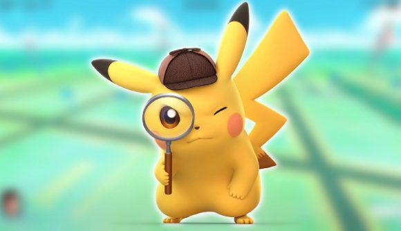 Pokémon Go Detective Pikachu: A Pikachu wearing a Detective hat peaks through a magnifying glass