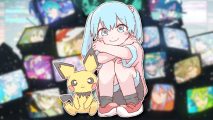 Pokemon Project Voltage: Baby Miku and her Pichu crouching together and smiling. They're outlined in white and pasted on a blurred image of 18 TVs showing each of the 18 Miku trainers