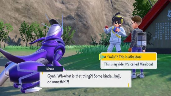 Pokemon Scarlet and Violet The Teal Mask review: the trainer and Kieran stand next to Miraidon