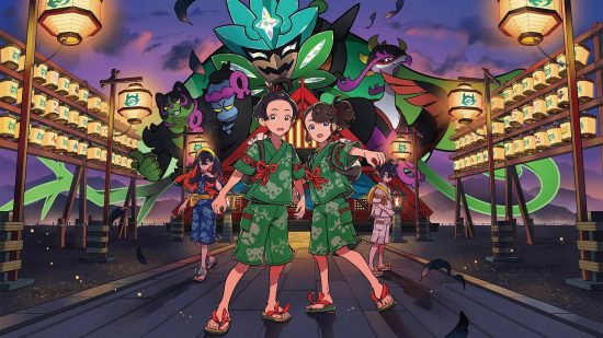 Pokemon Scarlet and Violet The Teal Mask review: key art shows Pokemon characters at a mask festival