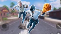 PUBG Mobile KFC: Player Unknown holding a fried chicken drumstick, pursued by PUBG-ified Colonel Sanders, both outlined in white and pasted on a blurred PUBG mobile screenshot