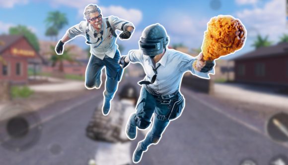 PUBG Mobile KFC: Player Unknown holding a fried chicken drumstick, pursued by PUBG-ified Colonel Sanders, both outlined in white and pasted on a blurred PUBG mobile screenshot