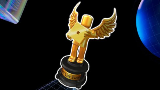 Roblox Innovation Awards canceled: A Roblox Innovation Award virtual trophy, a gold statuette holding the Roblox square and wearing angel wings, outlined in white and pasted on the RDC 2023 key graphic