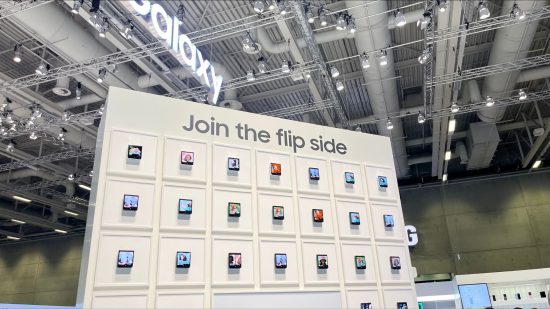 Samsung Benjamin Braun interview header showing a load of folded phones on a white wall below the phrase 'Join the flip side"