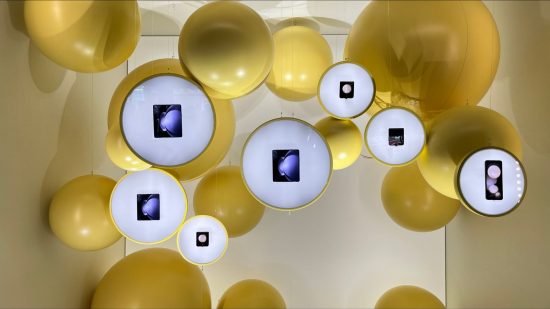 Samsung Benjamin Braun interview header showing a load of folded out phone-tablet things in golden baubles in a window.