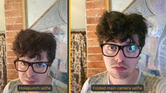 Samsung Galaxy Z Flip5 header showing a picture from the phone. On the left is a selfie of a man with brown hair and glasses in front of an abstract painting of a woman. Same on the right but with the nicer lenses.
