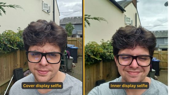 Samsung Galaxy Z Fold5 review camera comparison showing a man in black glasses with brown hair in a grey shirt taking a selfie
