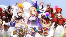Seven Knights Idle Adventure tier list - a group of character sprites with full 2D splash art behind them, over a cloudy background
