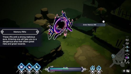 Silent Hope Switch review: A screenshot of the memory rift portal with an explanation of what it is