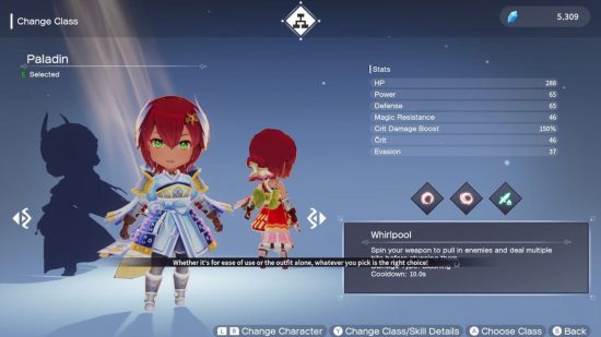 Silent Hope Switch review: The class change menu for the warrior showing the paladin class