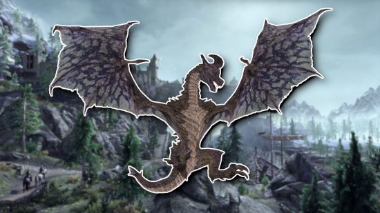 A Skyrim dragon flying in front of a mountain landscape