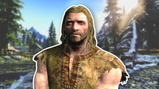 Skyrim races - a Skyrim Nord male standing in front of a mountain river background