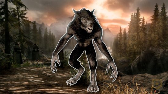 Skyrim werewolf standing in front of a sunset background