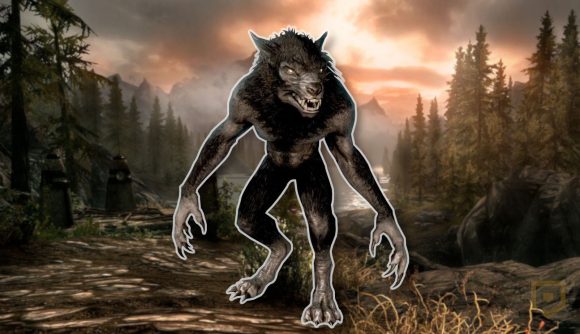 Skyrim werewolf standing in front of a sunset background