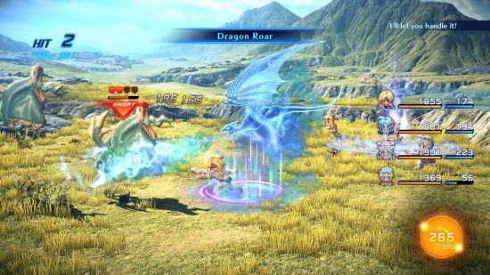 Star Ocean: The Second Story R interview - pixelated characters fight some pixelated wyverns in a realistic-looking field
