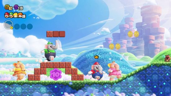 Super Mario Bros. Wonder characters: Mario, Luigi, Peach, and Daisy, all run through a level while transformed into elephants