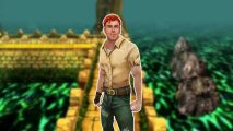 Temple Run online: Guy Dangerous from Temple Run, a white man with ginger hair, outlined in white and pasted on a blurred screenshot from Temple Run