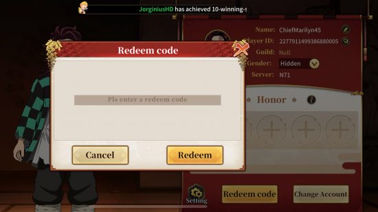 Will of Hashira codes redemption screen
