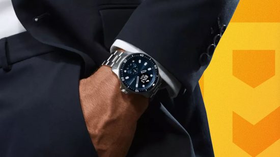 A man wearing the Withings Scanwatch Horizon over a Pocket Tactics background